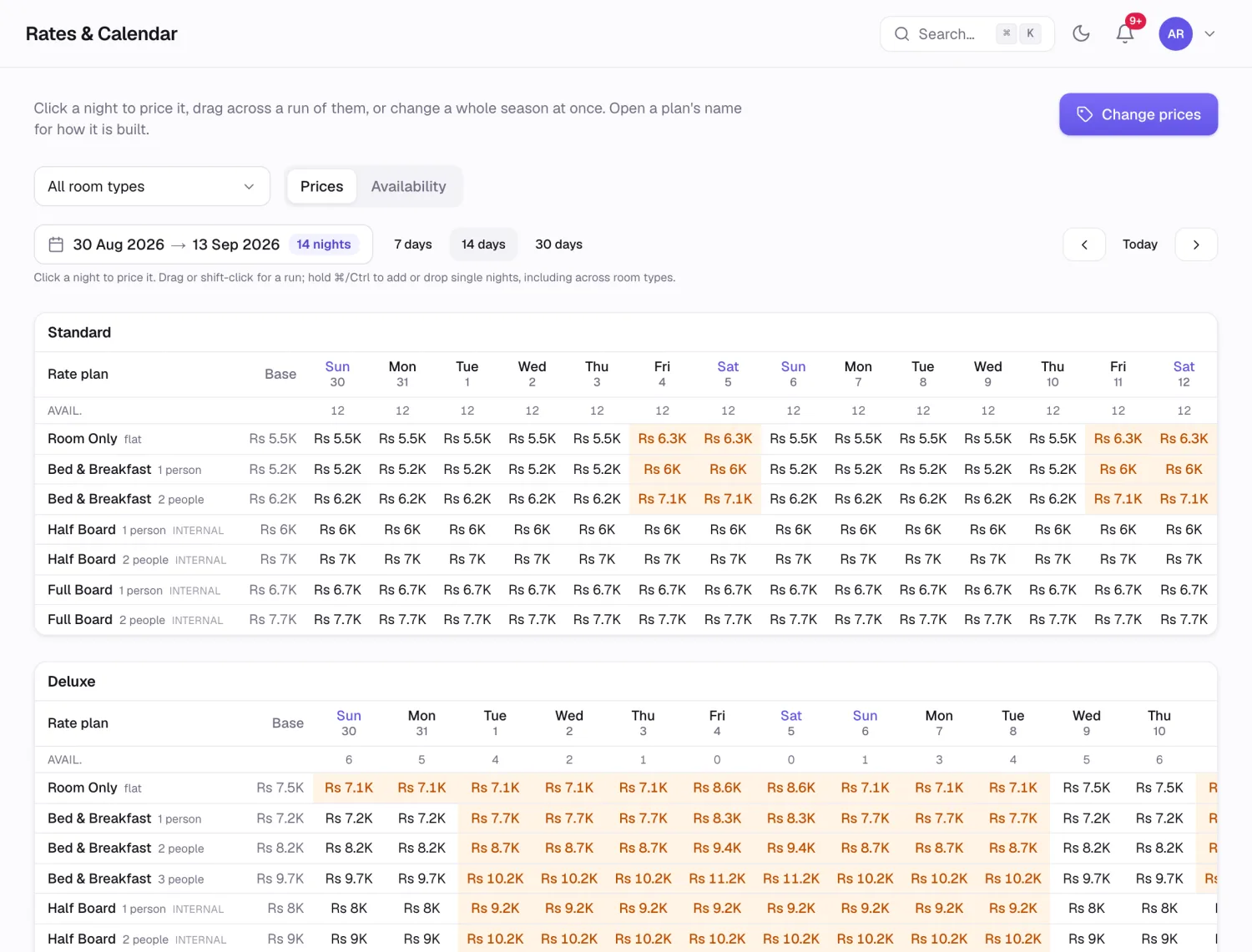 The rates calendar showing prices for every room type and plan across a fortnight, with busy dates priced higher