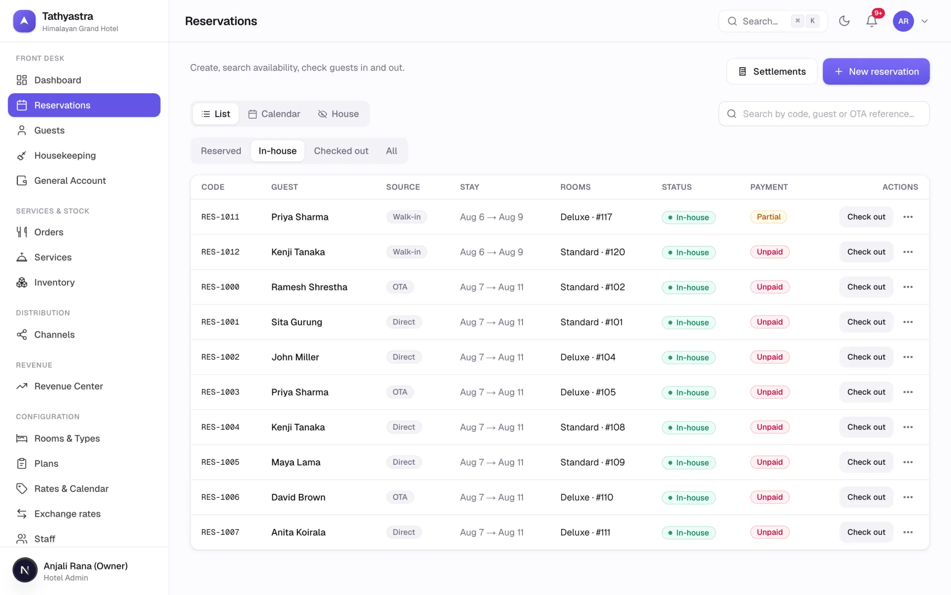 The reservations list with each guest's code, source, stay dates, room, status and payment state