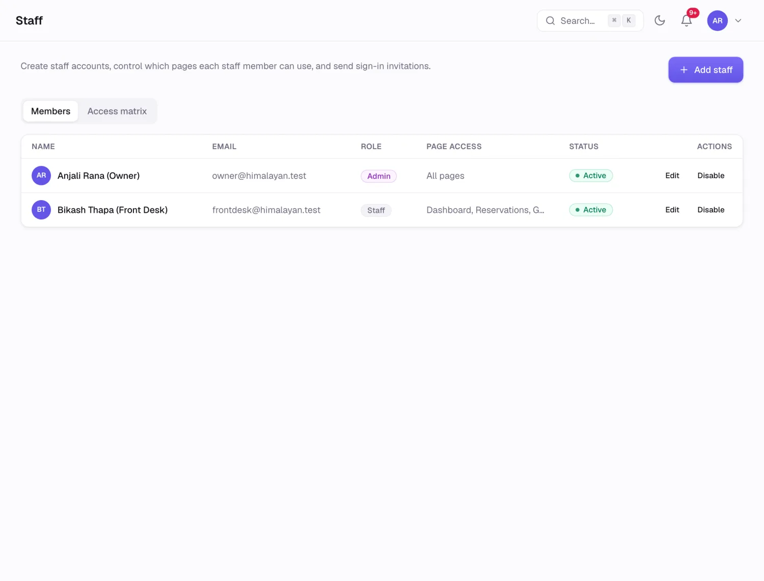 The staff access screen with a grid of pages and which roles can reach each one